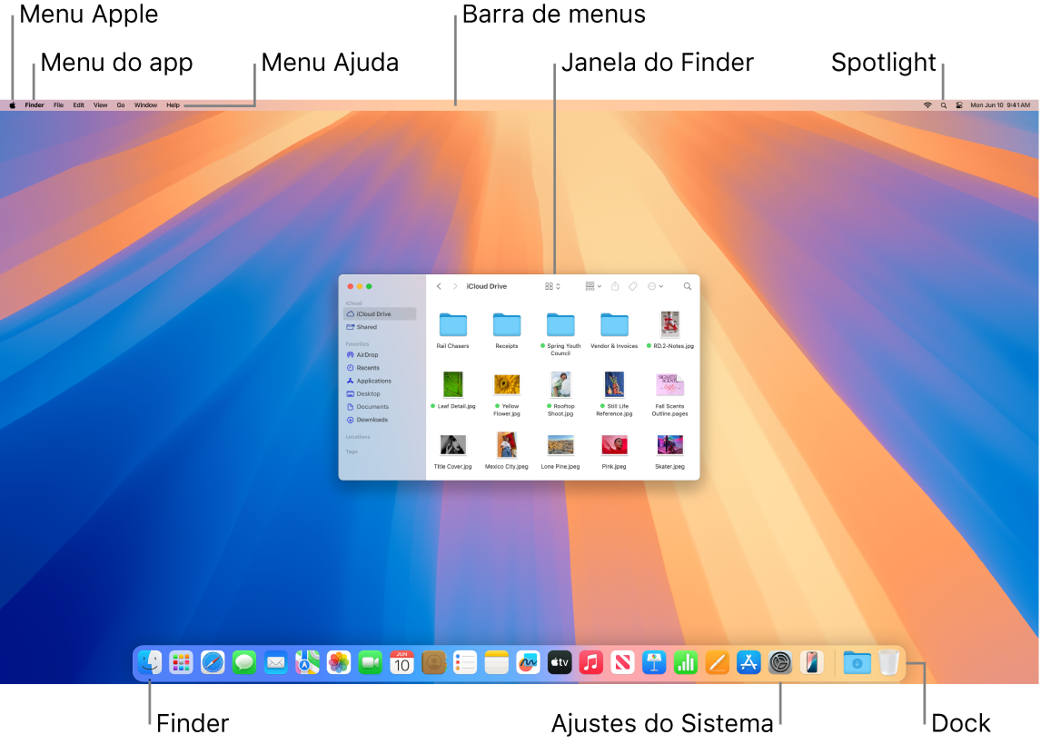 Tela do Mac mostrando o menu Apple, o menu App, o menu Ajuda, a barra de menus, uma janela do Finder, o ícone do Spotlight, o ícone do Finder, o ícone dos Ajustes do Sistema e o Dock.