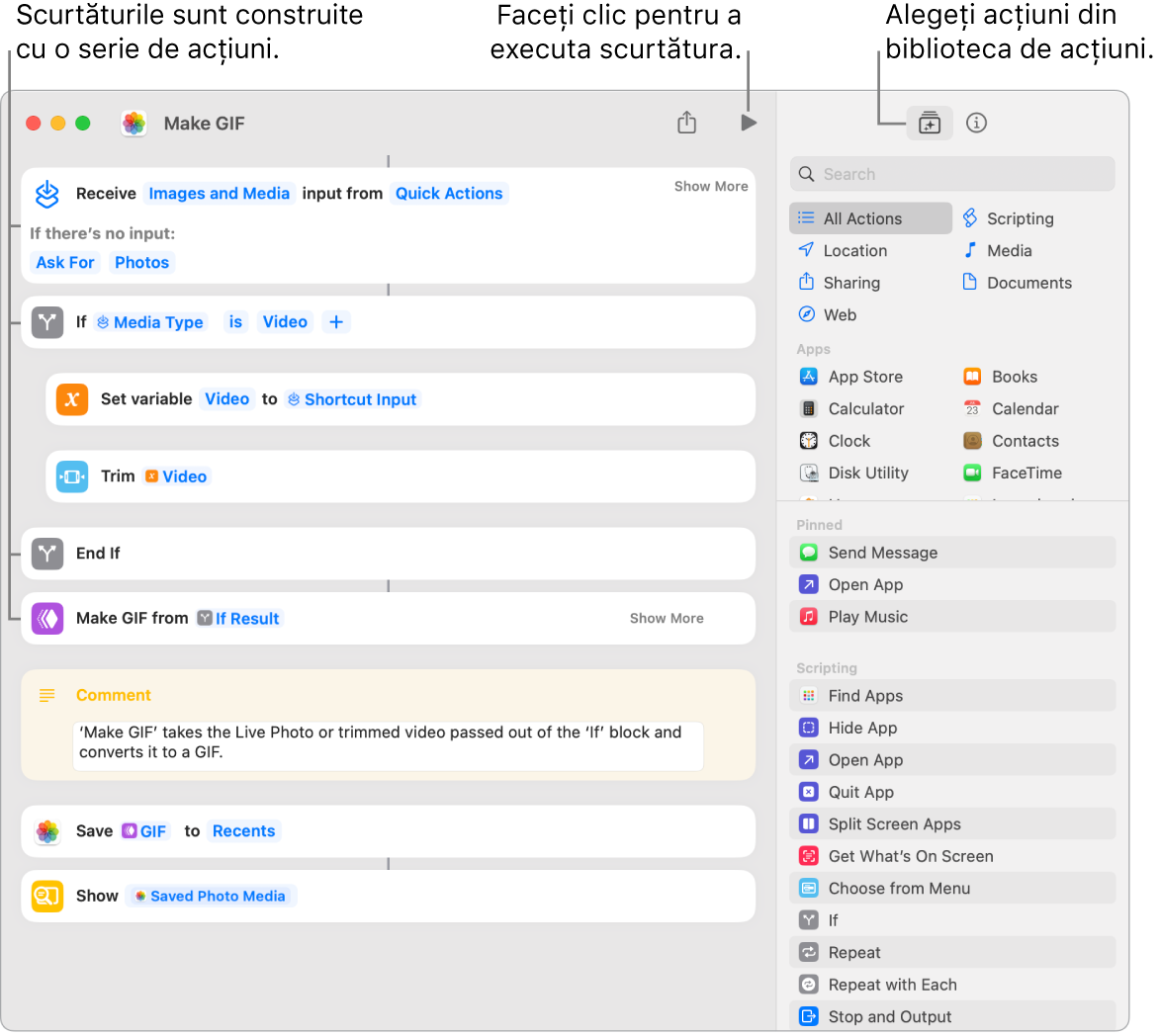 Editorul de scurtături Creare GIF în stânga și Bibliotecă de acțiuni în dreapta.