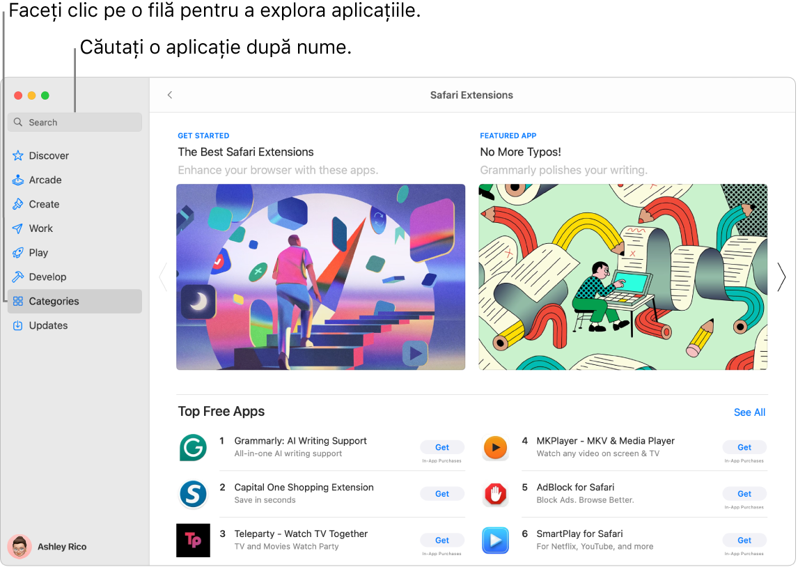 Fereastra App Store afișând câmpul de căutare și o pagină de extensii Safari.