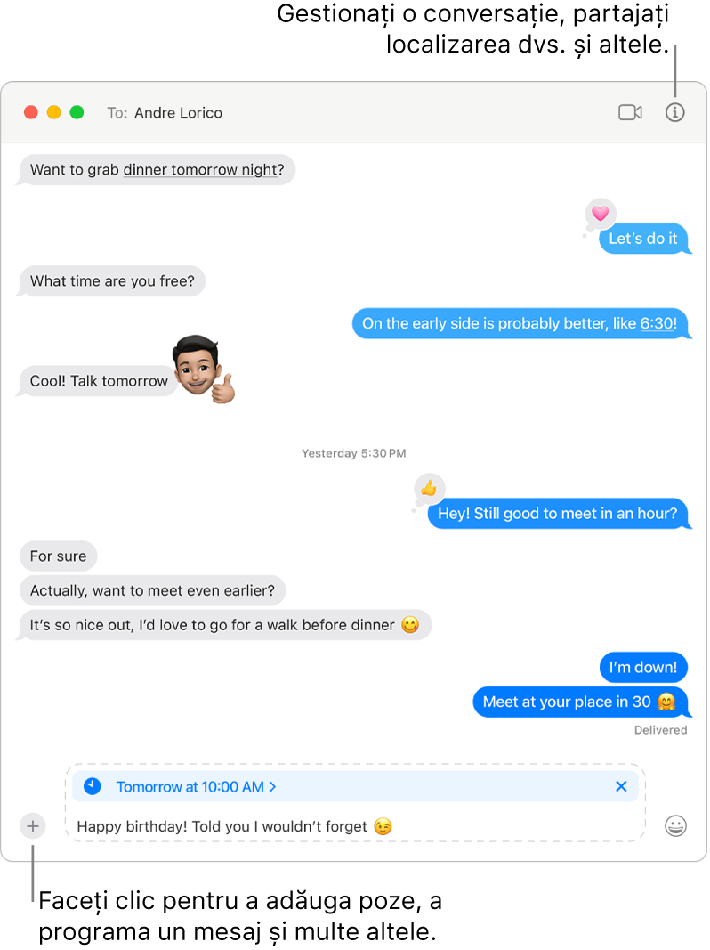 O fereastră Mesaje afișând o conversație. Un mesaj este programat să fie trimis Mâine la 10:00 am. Mesajul este “La mulți ani! Ți‑am spus că nu uit”.