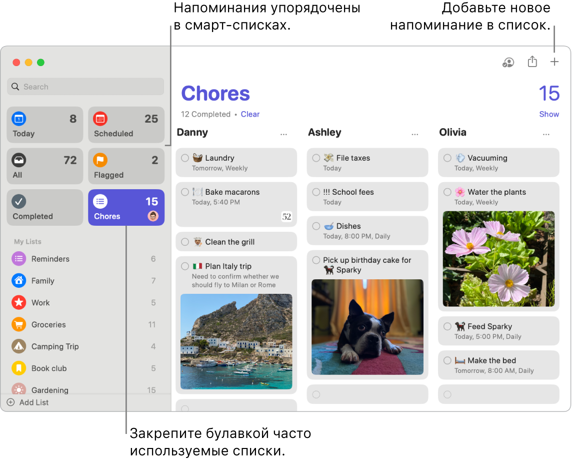 Окно Напоминаний: слева отображаются смарт-списки слева, под ними — другие напоминания и списки. На напоминание наведен указатель. Сносками отмечены смарт-списки и кнопка добавления нового напоминания.