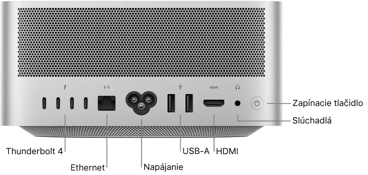 Zadná strana Mac Studia zobrazujúca štyri Thunderbolt 4 (USB-C) porty, Gigabit Ethernet port, napájací port, dva USB-A porty, HDMI port, 3.5 mm konektor slúchadiel a tlačidlo napájania.