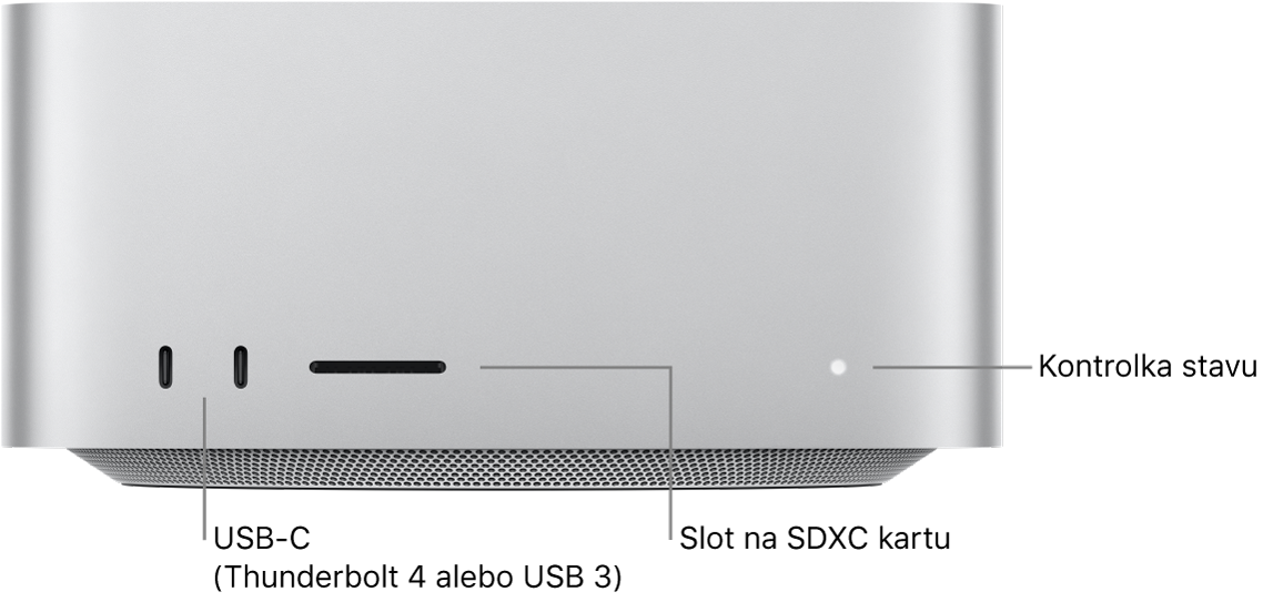 Predná časť Mac Studia zobrazujúca dva porty USB-C, slot pre karty SDXC a svetelný indikátor stavu.