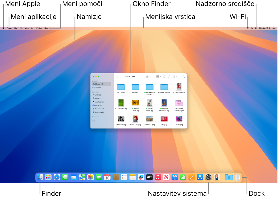 Zaslon računalnika Mac s prikazom menija Apple, menija z aplikacijami, menija Help, namizja, menijske vrstice, okna Finder, ikone omrežja Wi-Fi, ikone Control Center, ikone Finder, ikone System Settings in vrstice Dock.