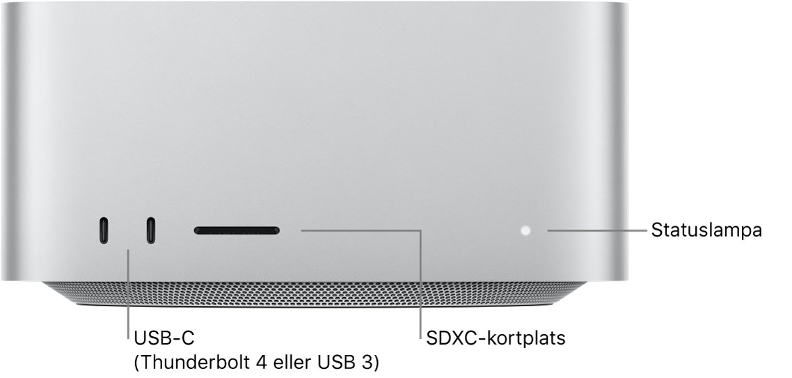 Framsidan på Mac Studio med två USB-C-portar, SDXC-kortplatsen och statuslampan.