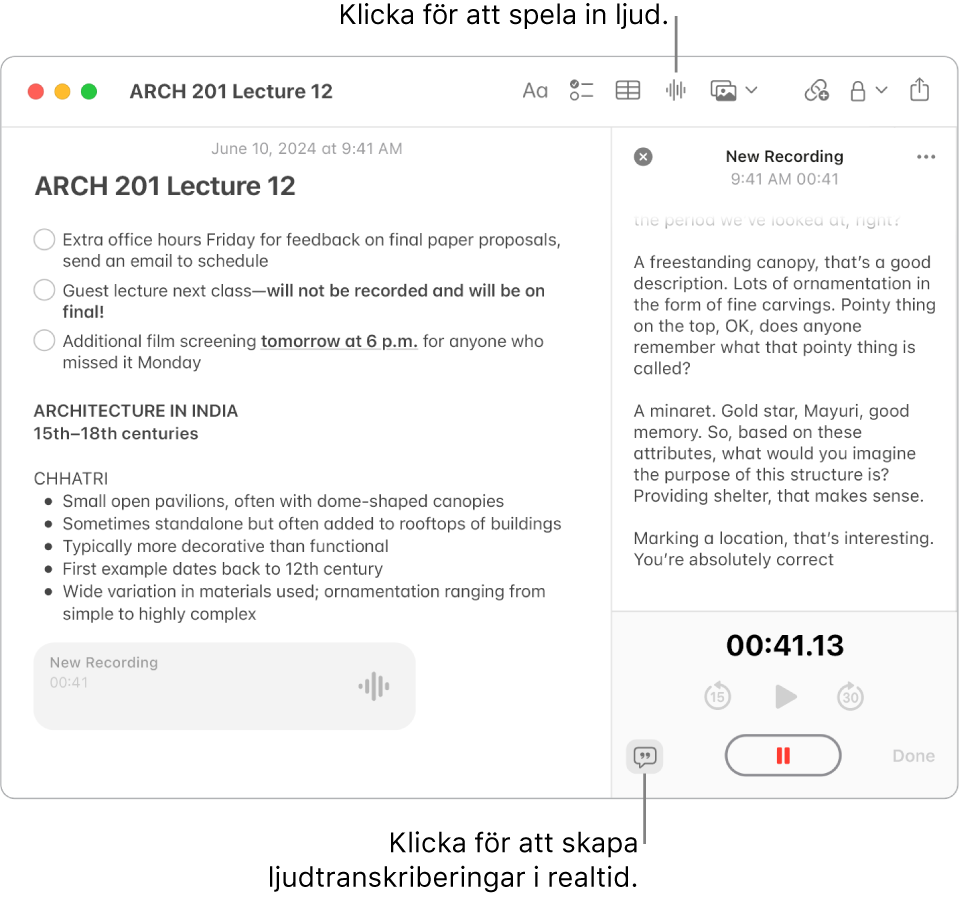 Ett Anteckningar-fönster visar en anteckning med en checklista, lista i punktform och ljudinspelning. Fönstret Ljuddetaljer är öppet och visar en transkribering av ljudinspelningen.