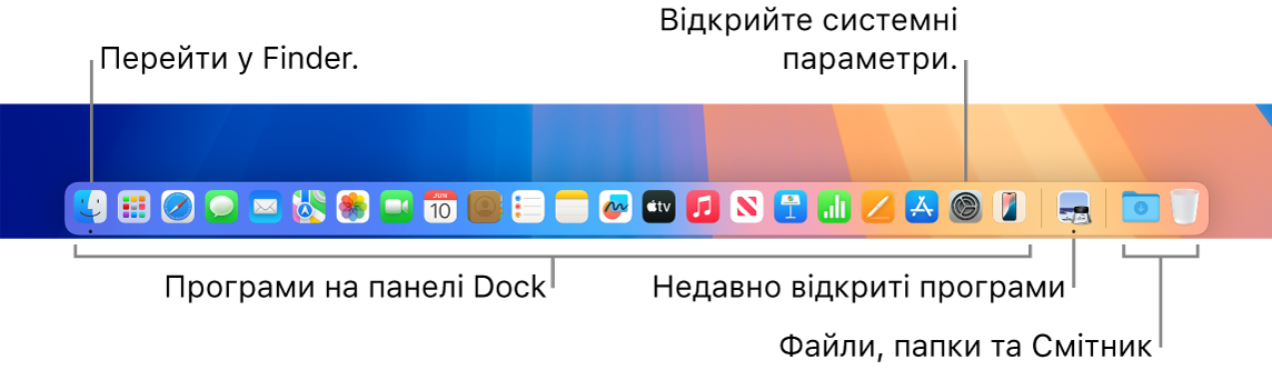 Панель Dock, Finder і Системні параметри та роздільник, що відокремлює програми від папок і файлів на панелі Dock.