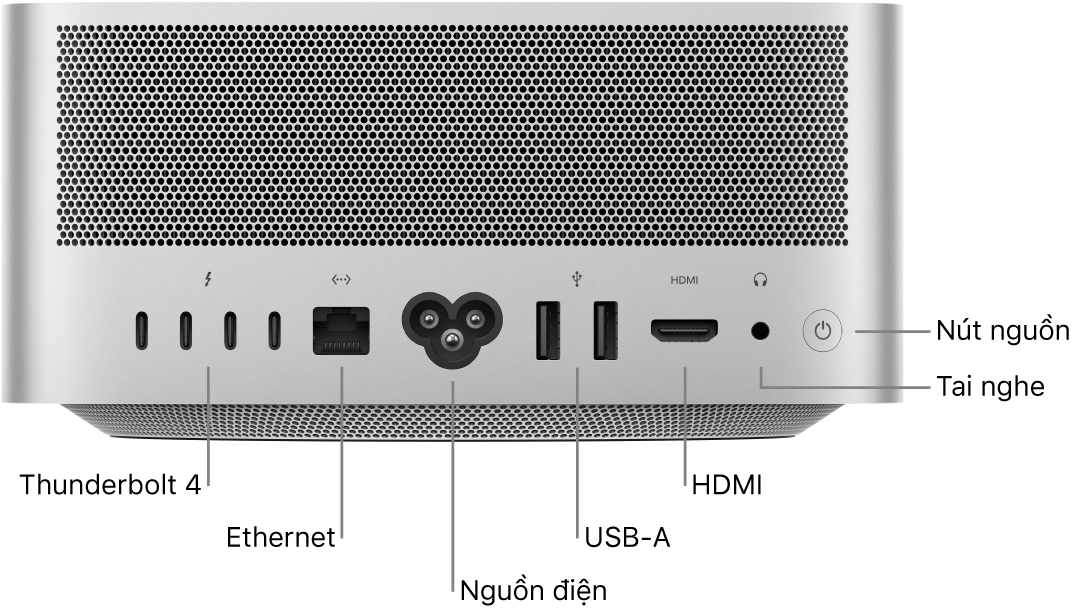 Mặt sau của Mac Studio đang hiển thị bốn cổng Thunderbolt 4 (USB-C), cổng Gigabit Ethernet, cổng nguồn, hai cổng USB-A, cổng HDMI, giắc cắm tai nghe 3,5 mm và nút nguồn.