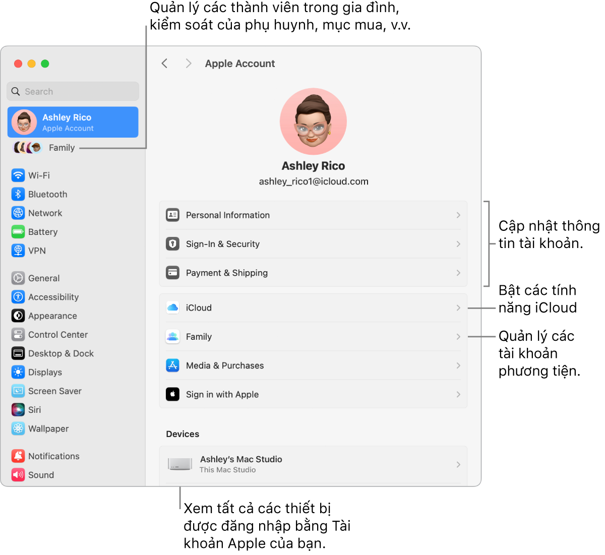 Cài đặt Tài khoản Apple trong Cài đặt hệ thống với các chú thích để cập nhật thông tin tài khoản, bật hoặc tắt các tính năng iCloud, quản lý các tài khoản phương tiện, cũng như Gia đình – là nơi bạn có thể quản lý các thành viên gia đình, kiểm soát của phụ huynh, mục mua, v.v.