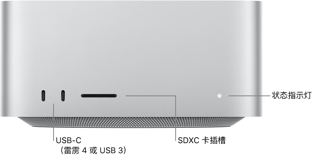 Mac Studio 的正面，显示两个 USB-C 端口、SDXC 卡插槽和状态指示灯。