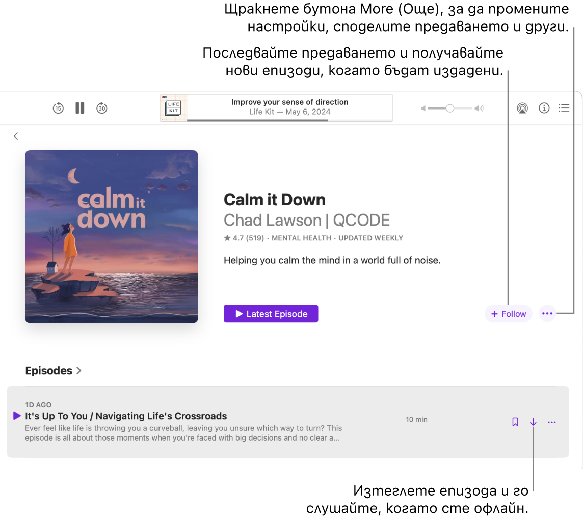 Прозорец в Подкасти, който показва епизод на подкаст. С надписи са посочени бутоните Download (Изтегли), Follow (Последвай) и More (Още).