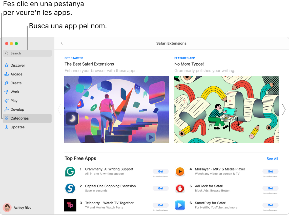 La finestra de l’App Store amb el camp de cerca i una pàgina d’extensions per al Safari.