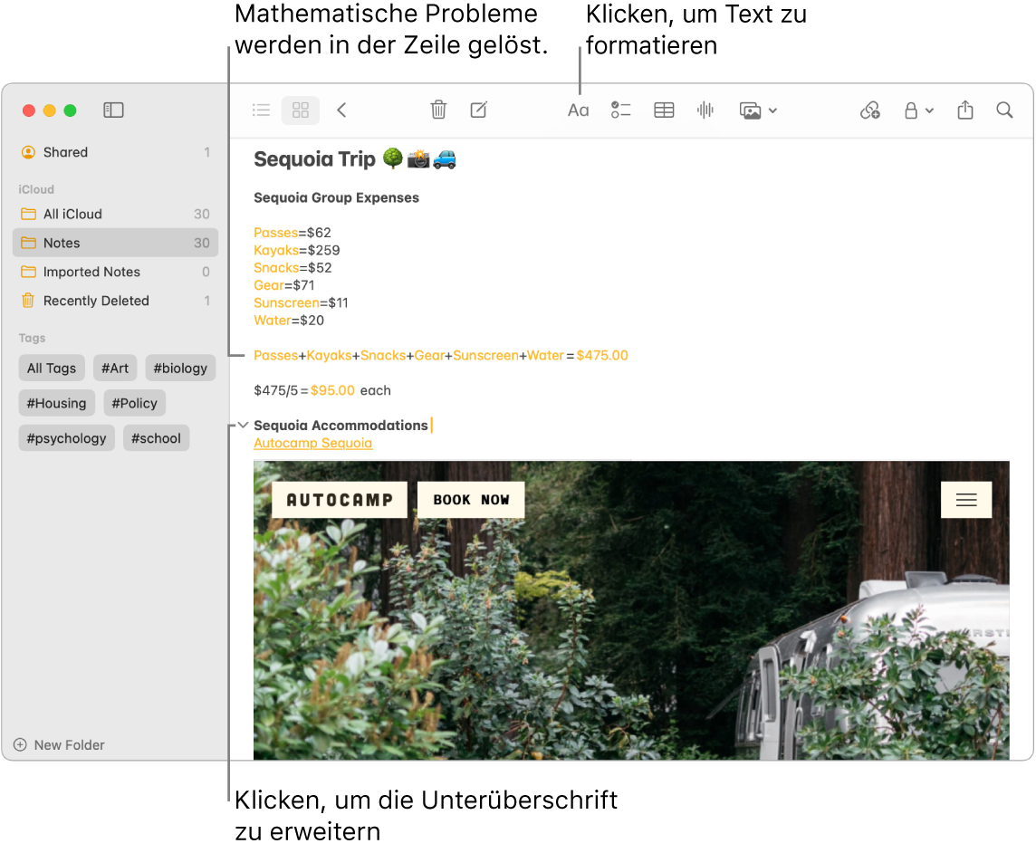 Ein Fenster der App „Notizen“ zeigt die errechneten Ausgaben für das Sequoia-Camp, einen Textlink zu einer Website und ein Bild der Unterkunft.