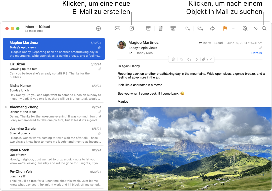 Ein Mail-Fenster mit der E-Mail-Liste neben der Seitenleiste und dem Inhalt der ausgewählten E-Mail auf der rechten Seite. Eine Beschreibung zeigt auf das Suchfeld.