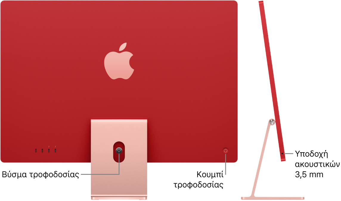 Πίσω όψη ενός iMac όπου φαίνονται η υποδοχή τροφοδοτικού και το κουμπί τροφοδοσίας. Δίπλα βρίσκεται μια πλευρική όψη που δείχνει την υποδοχή ακουστικών.