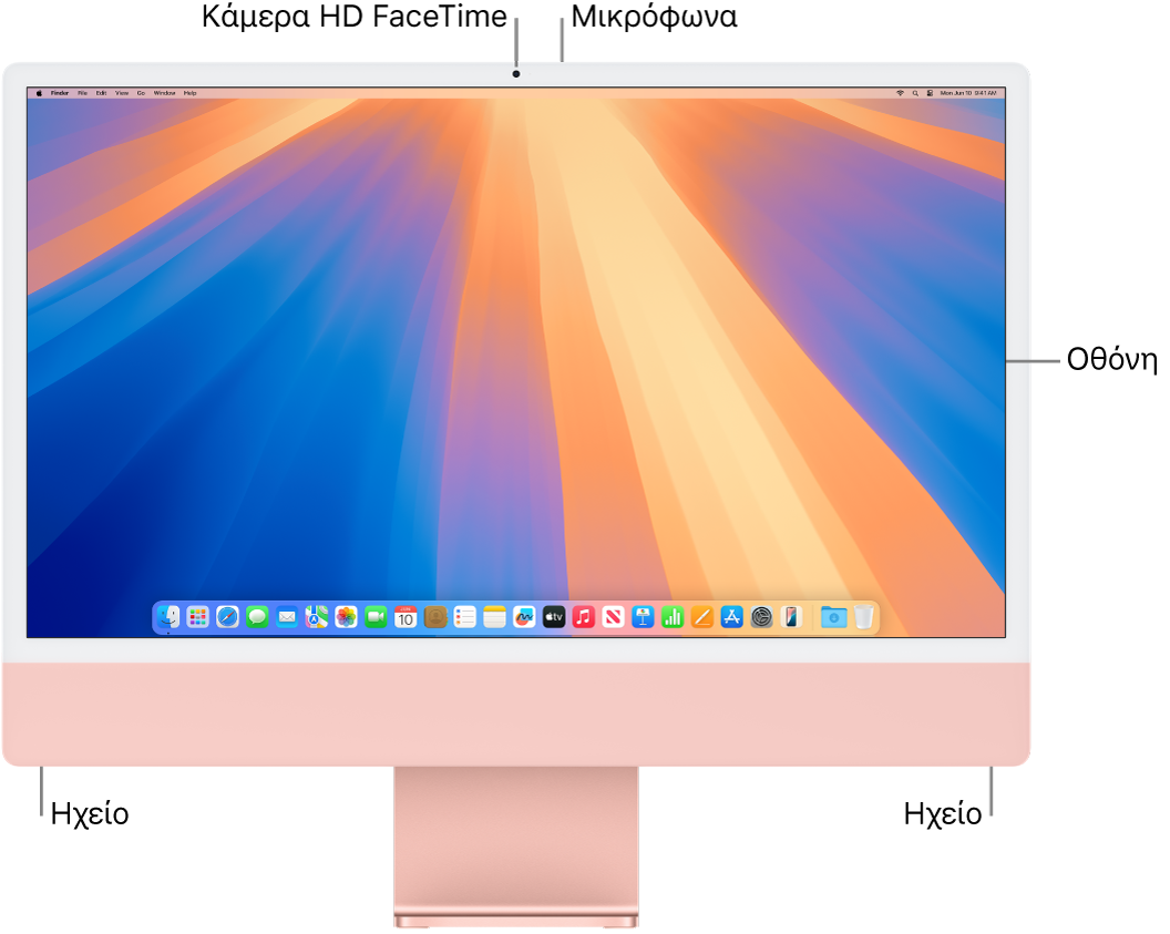 Μπροστινή όψη του iMac όπου φαίνονται η οθόνη, η κάμερα, τα μικρόφωνα και τα ηχεία.