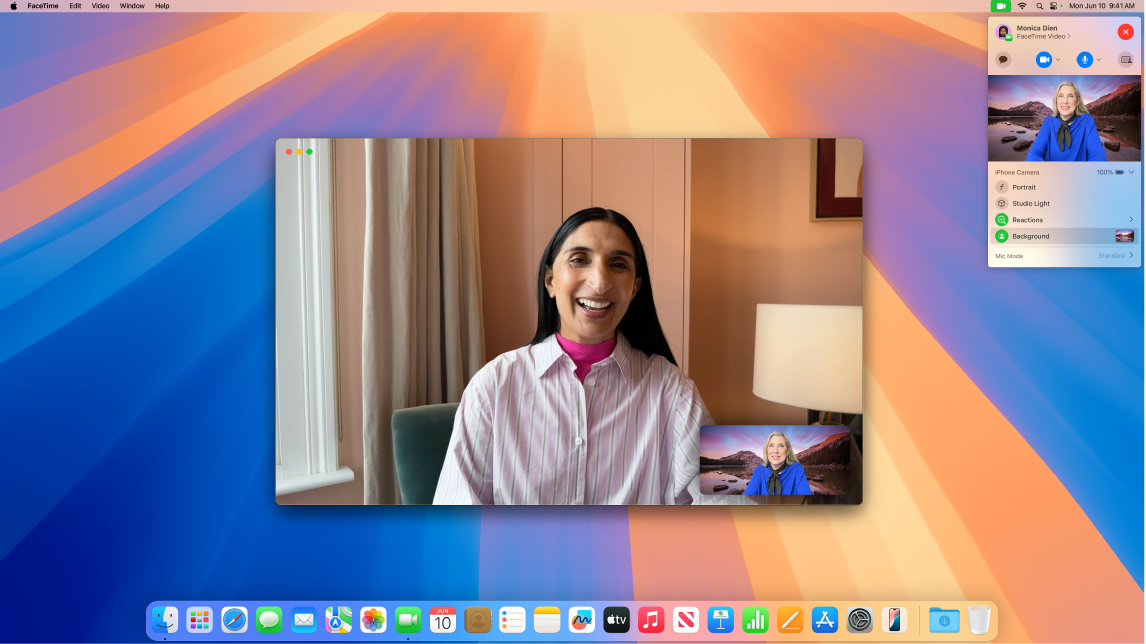 A FaceTime window showing video effects, including buttons to replace your background.