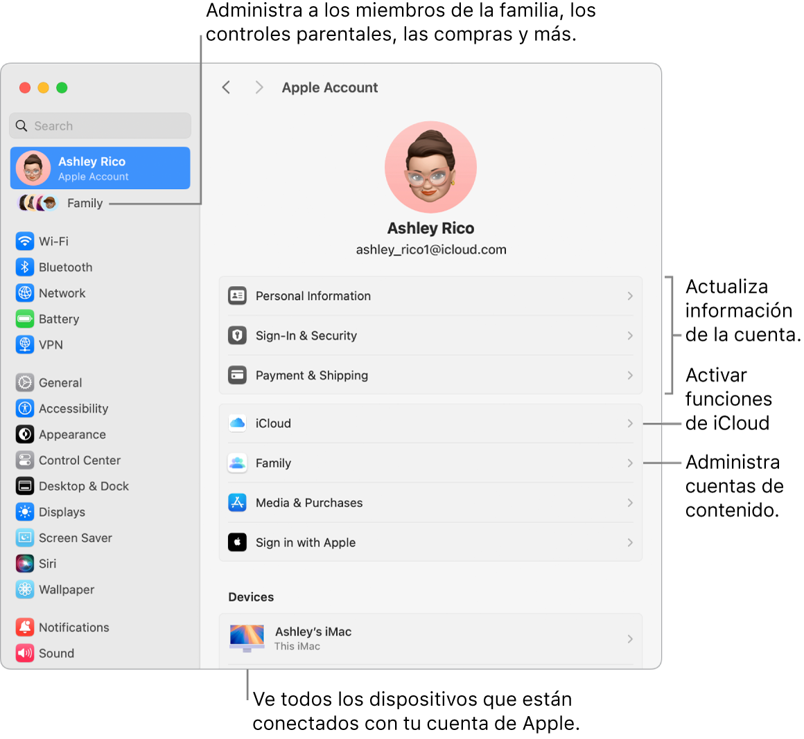 La configuración de la cuenta de Apple en Configuración del Sistema con textos para actualizar la información de la cuenta, activar o desactivar funciones de iCloud, administrar cuentas de contenido, y Familia, donde puedes administrar familiares, controles parentales, compras y más.