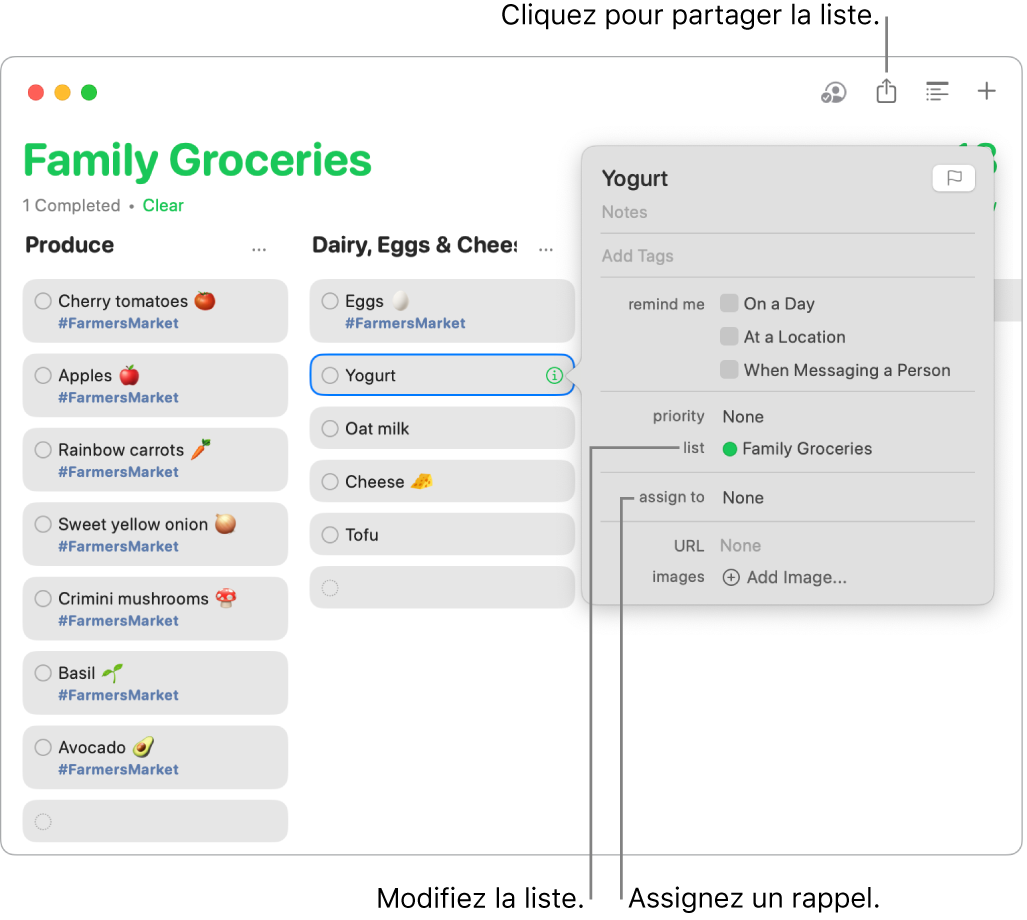 Une fenêtre de l’app Rappels affichant les détails d’un rappel pour une liste de courses partagée.