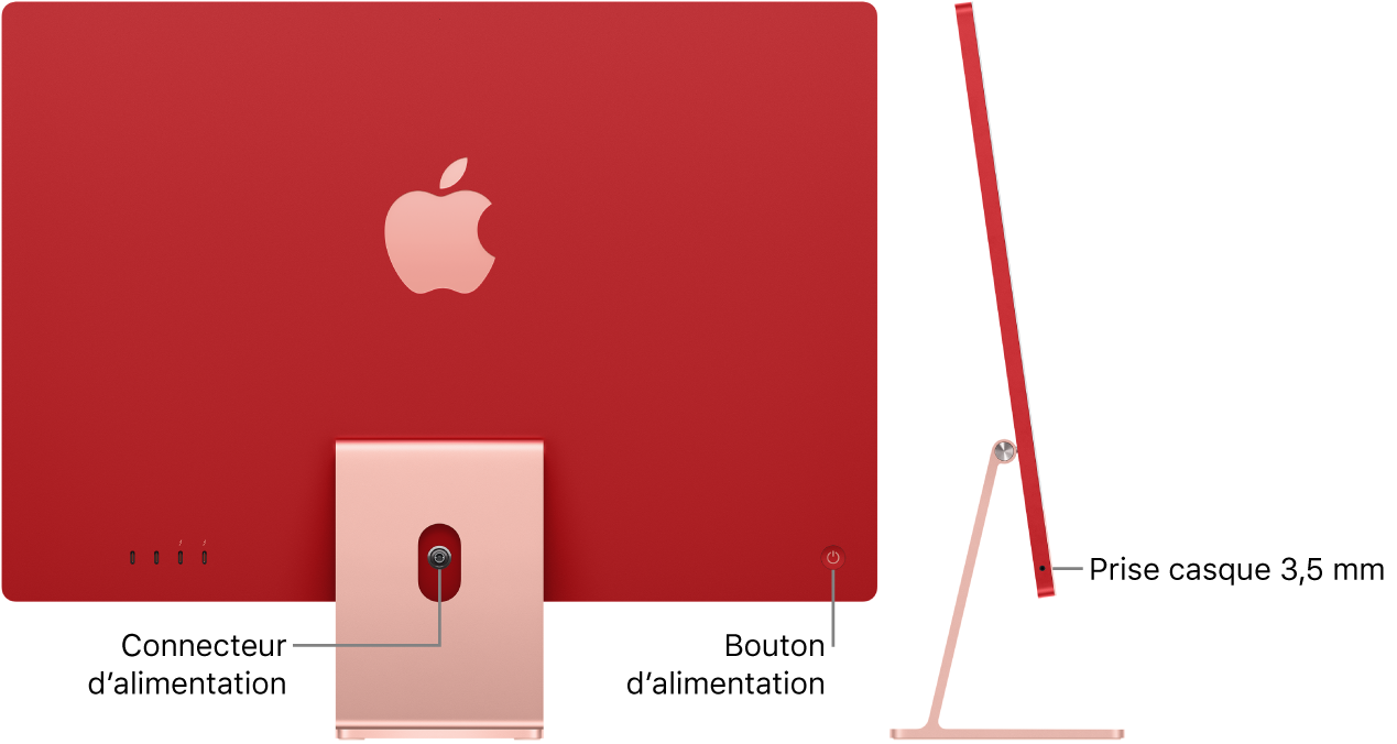 Vue arrière de l’iMac avec le connecteur d’alimentation et le bouton d’alimentation. Une vue latérale montrant la prise casque se trouve à côté.