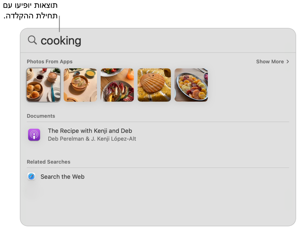 החלון של Spotlight שמציג תוצאות חיפוש ״תמונות של סוסים״.
