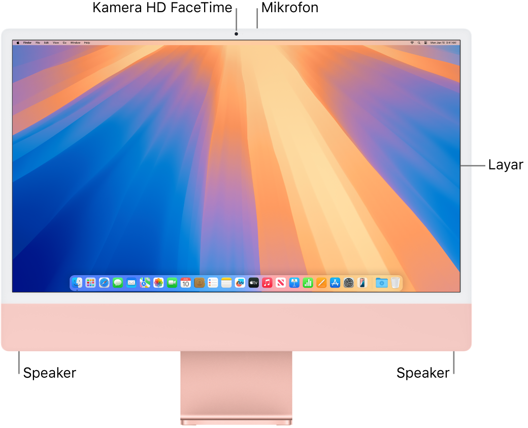 Bagian depan iMac menampilkan layar, kamera, mikrofon, dan speaker.