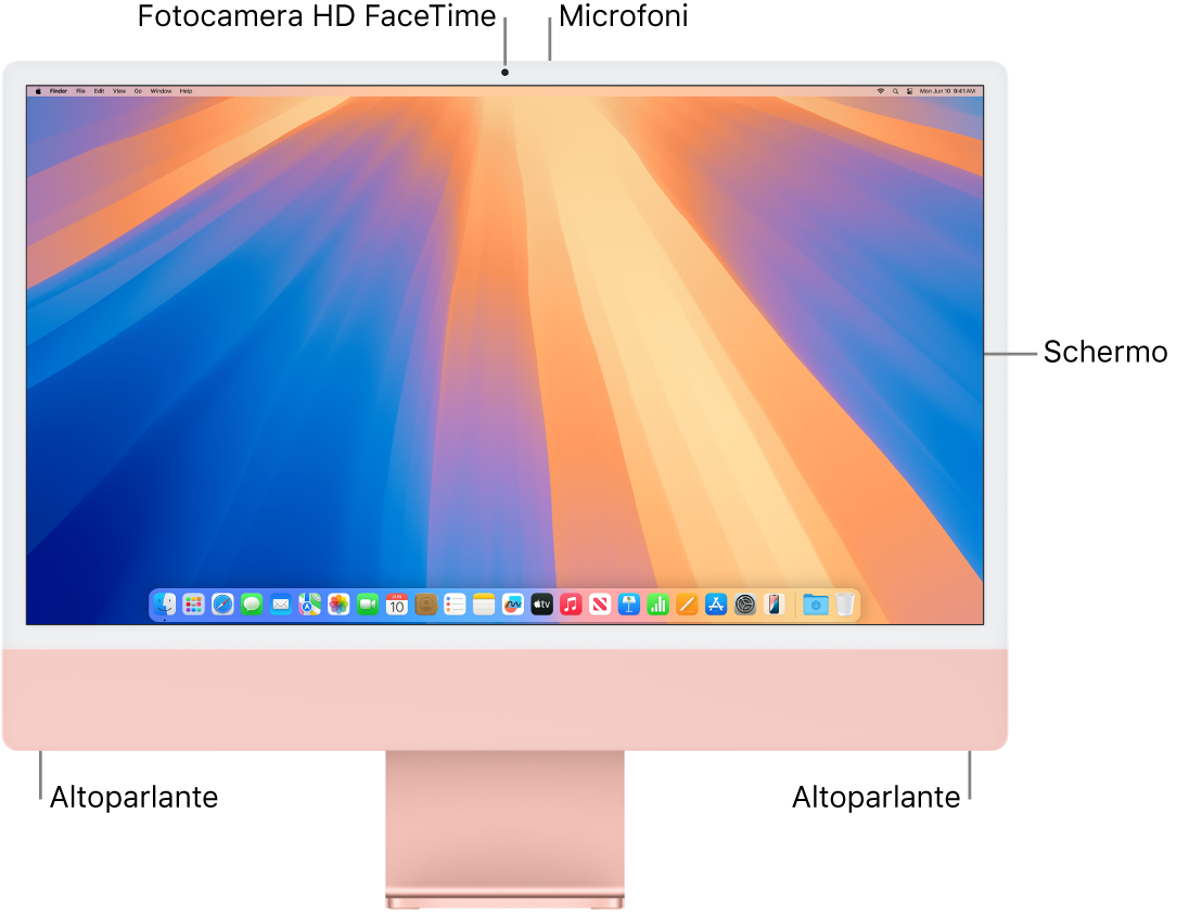 Vista frontale di iMac che mostra il monitor, la fotocamera, i microfoni e gli altoparlanti.