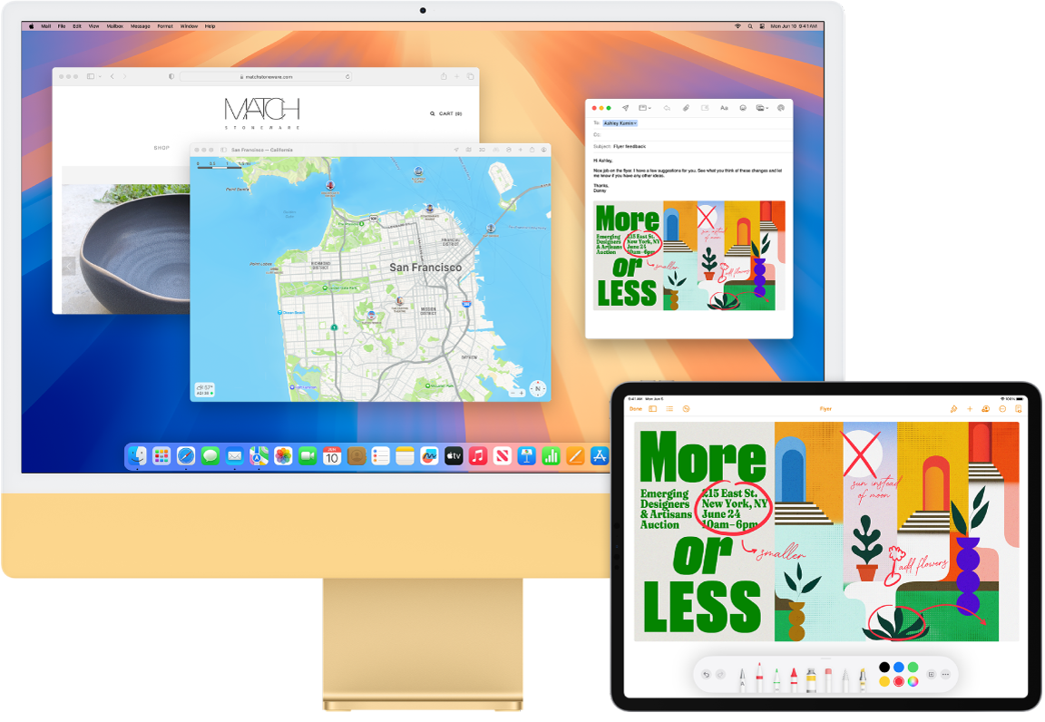 Un iMac e un iPad mostrati uno di fianco all’altro. Lo schermo di iPad mostra un documento con annotazioni. Sullo schermo di iMac è visibile un messaggio di Mail con il documento annotato tramite iPad come allegato.