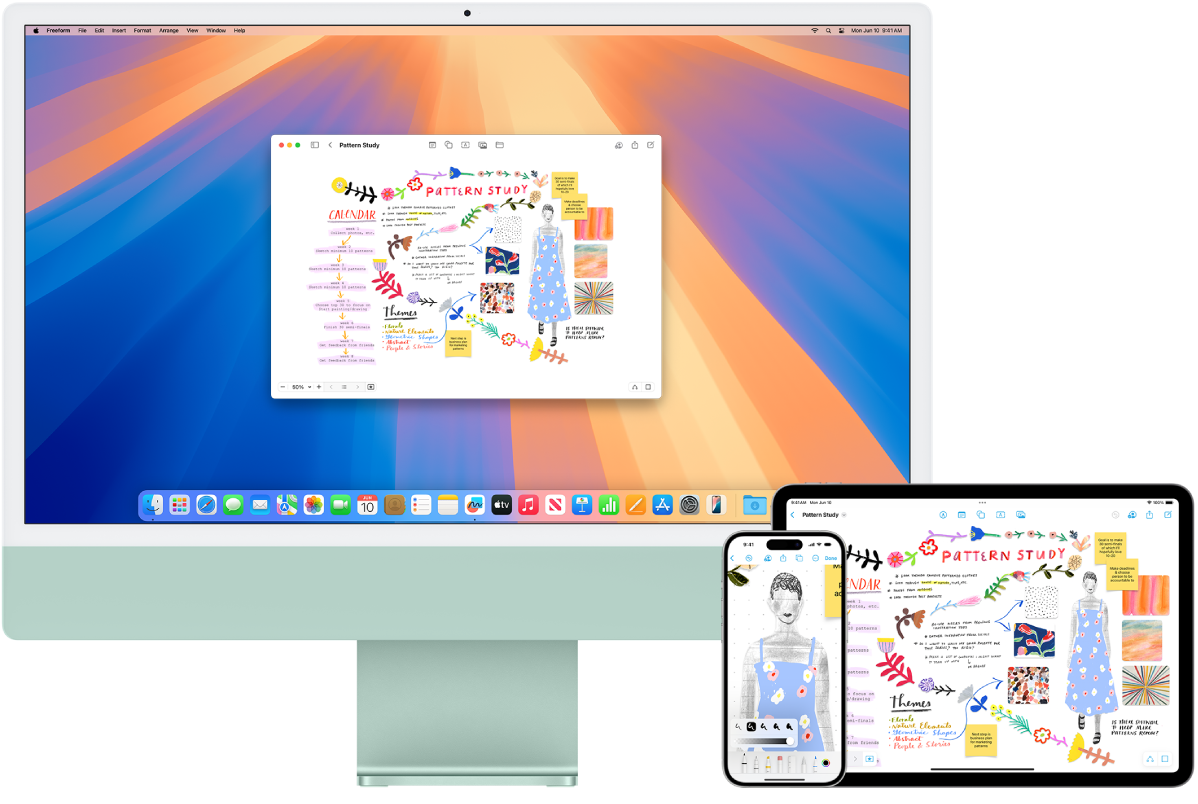 同じフリーボードのボードが表示されているMac、iPhone、およびiPad。