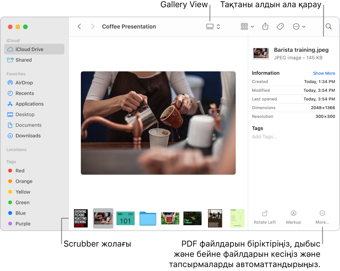 Кішірек фотолардың жолы бар үлкен фотосын, оның астында скрабер жолағын көрсетіп тұрған Gallery View көрінісіндегі Finder терезесі. Бұру, белгілеу және т.б. үшін басқару элементтері скрабер жолағының оң жағында.