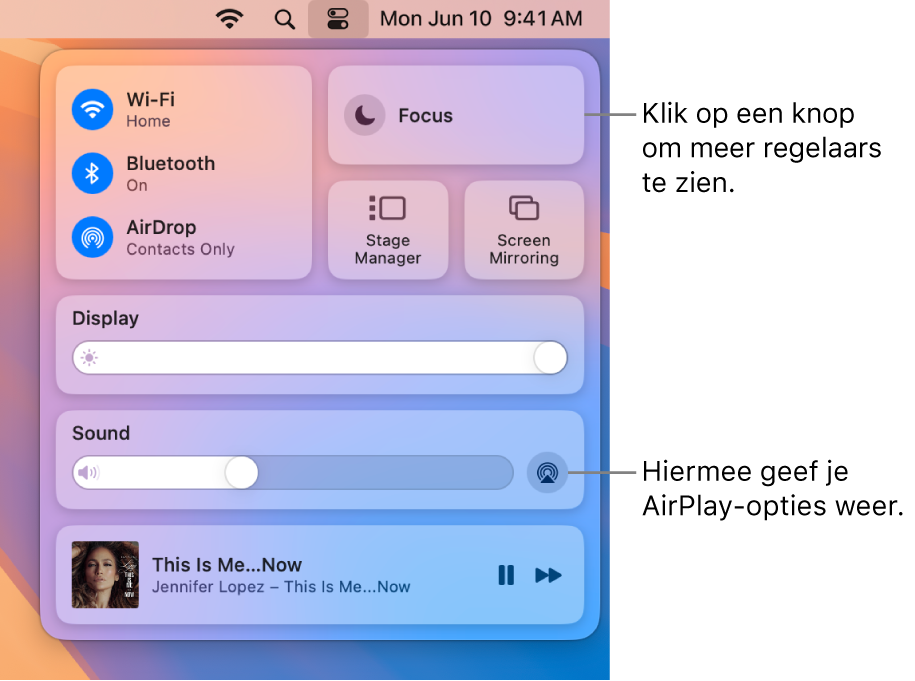 Ingezoomde weergave van het bedieningspaneel op de Mac.