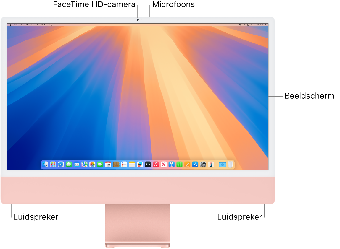 Vooraanzicht van een iMac met het beeldscherm, de camera, de microfoons en de luidsprekers.