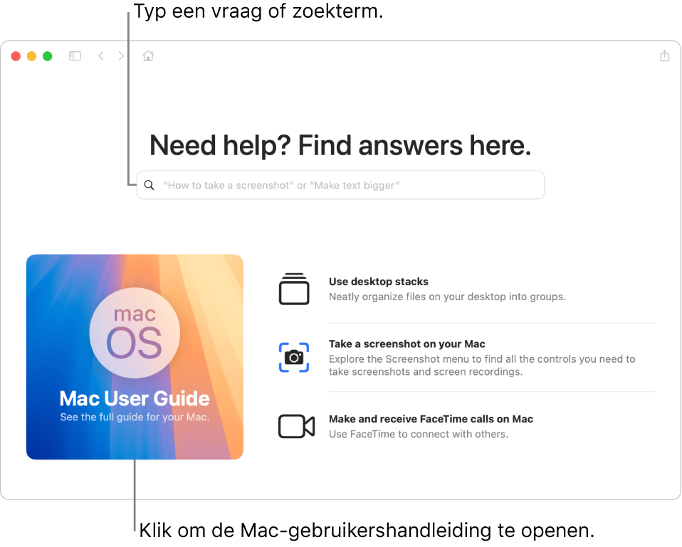 De welkomstpagina van de Mac-gebruikershandleiding met de link 'Inhoudsopgave'.