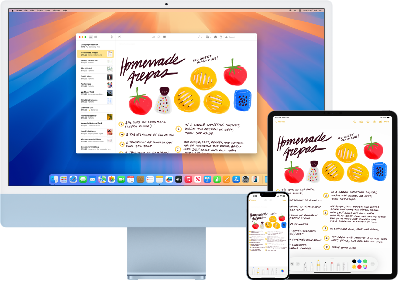 Een recept in de Notities-app op een iMac, iPhone en iPad.