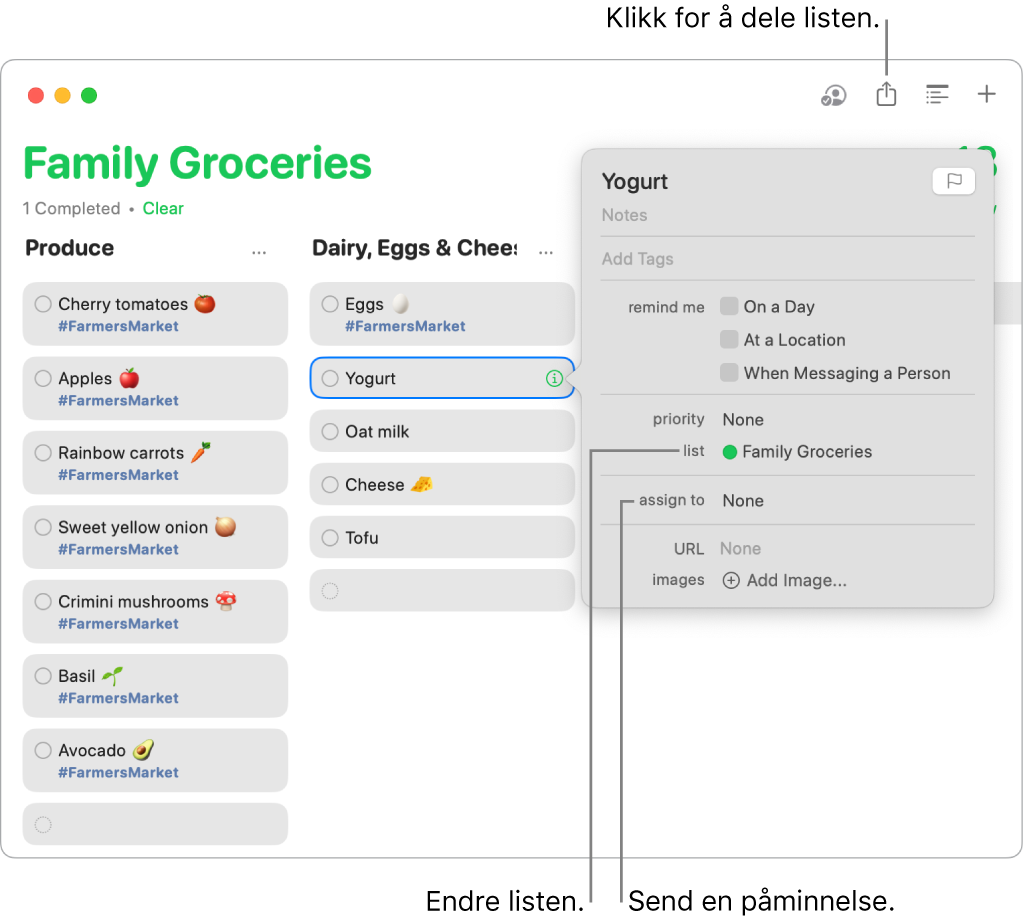 Et Påminnelser-appvindu som viser detaljer for en påminnelse i en delt handleliste.