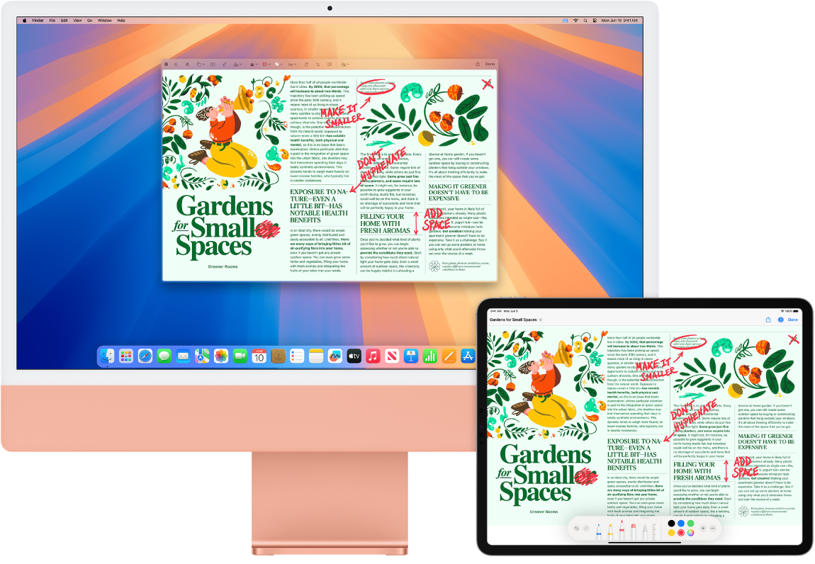 En iMac og iPad ved siden av hverandre. Begge skjermene viser en artikkel som er full av røde merknader, for eksempel utkryssede setninger, piler og ekstra ord. På iPaden vises også kontroller for merking nederst på skjermen.