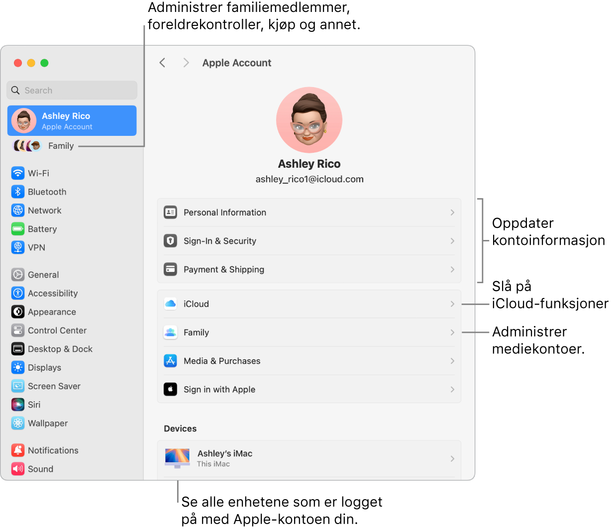 Apple-konto-innstillinger i Systeminnstillinger med forklaringer for hvordan du oppdaterer kontoinformasjon, slår av eller på iCloud-funksjoner, administrerer mediekontoer, og Familie, der du kan administrere familiemedlemmer, foreldrekontroller, kjøp og mer.