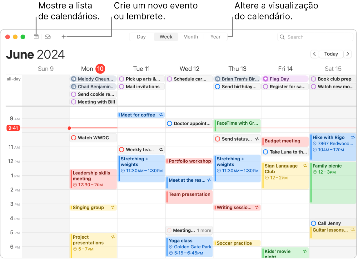 Janela do app Calendário mostrando todos os eventos e lembretes programados para a semana. Setas apontam para botões que mostram a lista de calendários, criam um evento ou lembrete e alteram a visualização para Dia, Semana, Mês ou Ano.