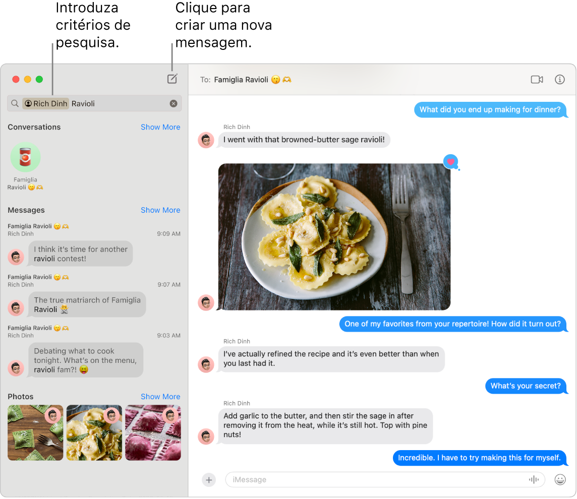 Uma janela da aplicação Mensagens a mostrar os resultados de pesquisa de um contacto e “ravioli” à esquerda. À direita, uma conversa com uma fotografia de ravioli.