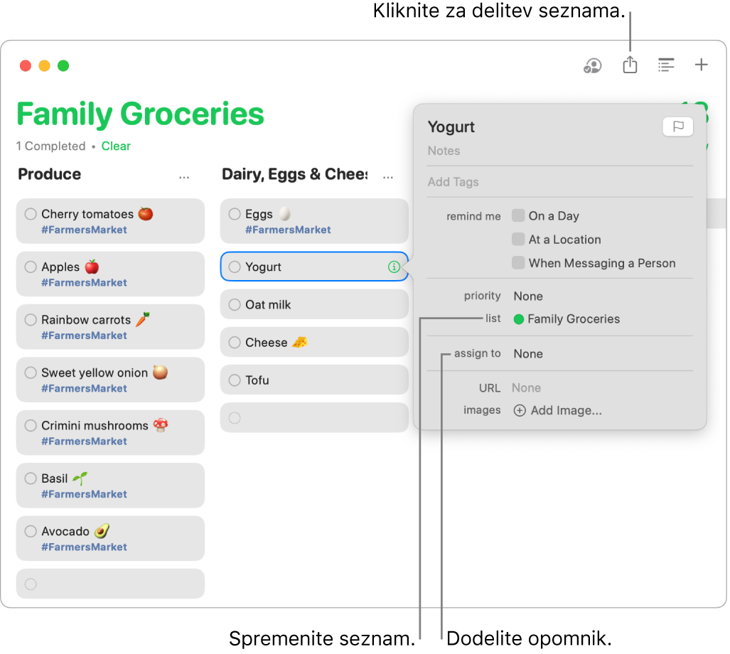 Okno aplikacije Opomniki kaže podrobnosti opomnika na deljenem nakupovalnem seznamu.