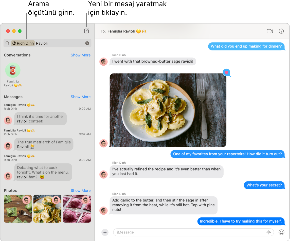 Solda bir kişi ve “ravioli” arama sonuçlarını gösteren Mesajlar penceresi. Sağda, ravioli resmi içeren bir yazışma.