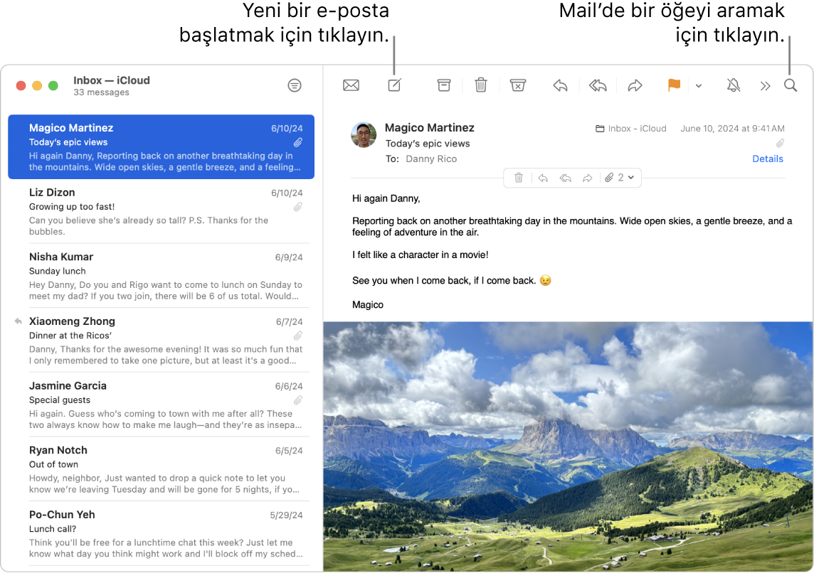 Kenar çubuğunun yanında iletiler listesini ve sağda seçili iletinin içeriğini gösteren Mail penceresi. Arama alanını işaret eden bir belirtme çizgisi.