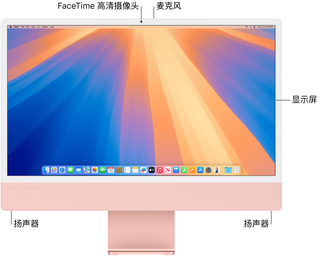 iMac 的正面视图，显示显示屏、摄像头、麦克风和扬声器。