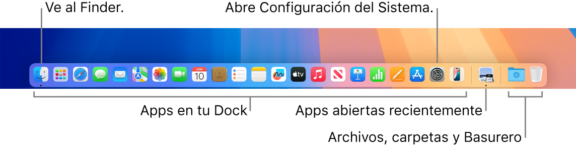 El Dock mostrando el Finder, Configuración del Sistema y la línea en el Dock que divide las apps de las carpetas y archivos.