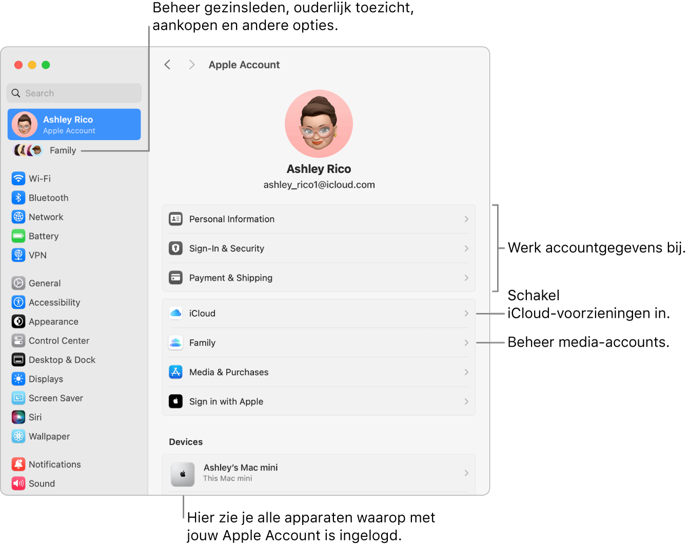 De instellingen voor 'Apple Account' in Systeeminstellingen, met bijschriften voor de opties waarmee je je accountgegevens bijwerkt, iCloud-voorzieningen in- of uitschakelt en media-accounts beheert. En de instellingen voor 'Gezin', waar je gezinsleden, ouderlijk toezicht, aankopen en andere opties beheert.