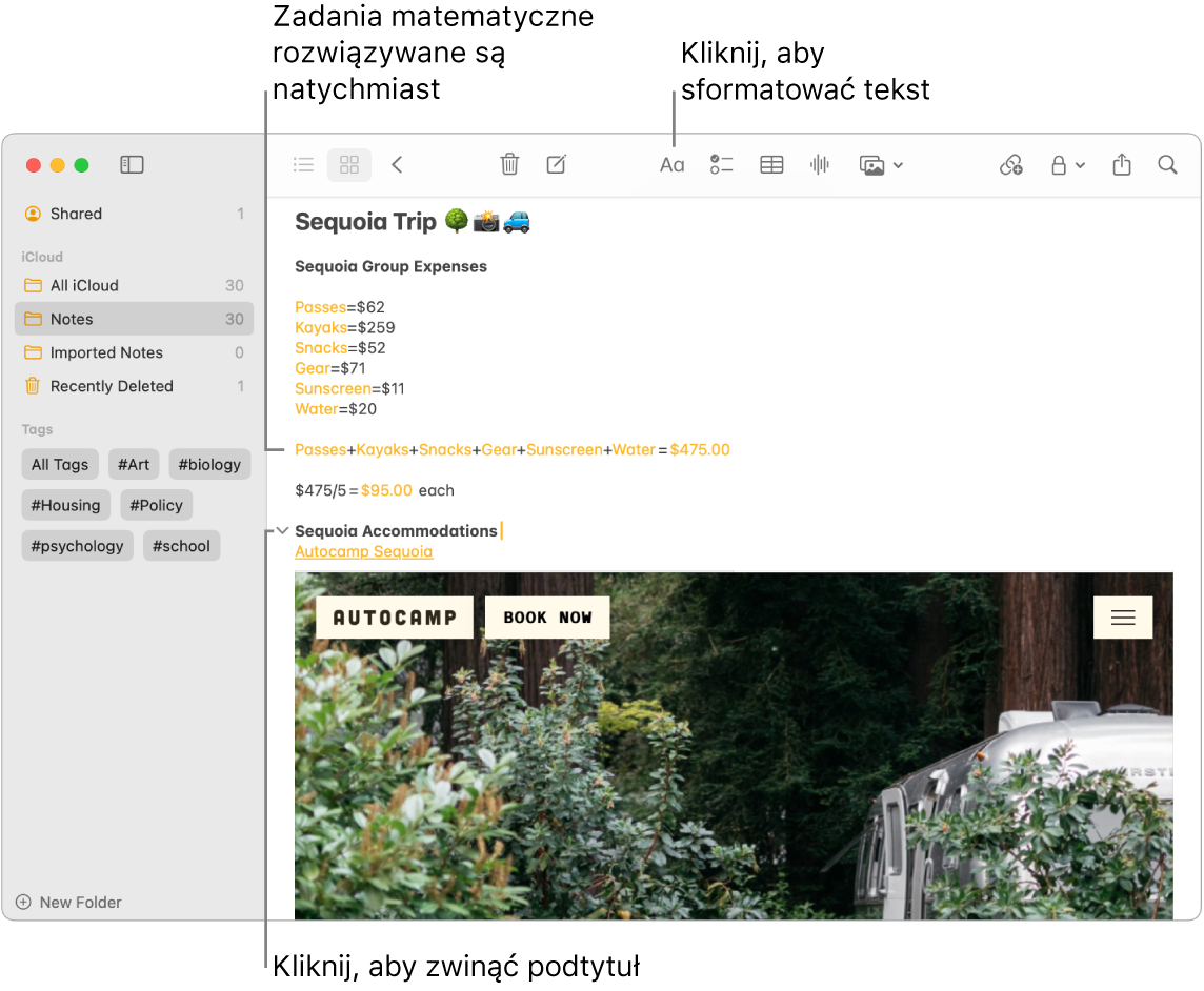 Okno aplikacji Notatki pokazuje obliczenia kosztów obozu Sequoia Camp, łącze tekstowy do witryny internetowej i zdjęcie zakwaterowania.