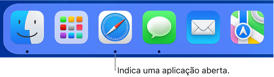 Uma parte da Dock a mostrar pontos pretos por baixo das aplicações abertas.