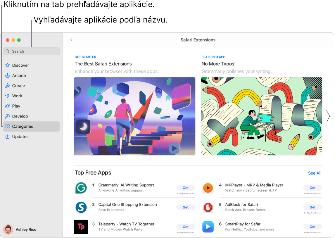 Okno App Storu zobrazujúce vyhľadávacie pole a stránku Rozšírenia Safari.