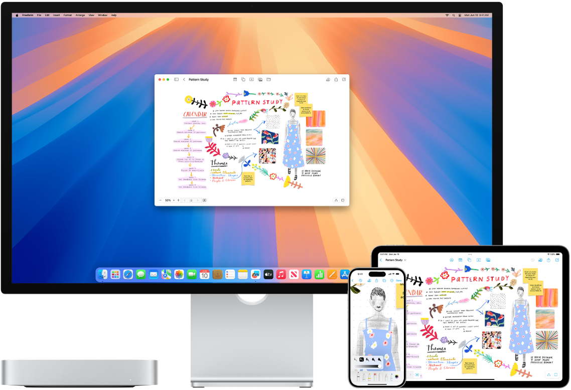 Пристрій Mac, iPhone та iPad, на яких відображається та сама дошка Freeform.