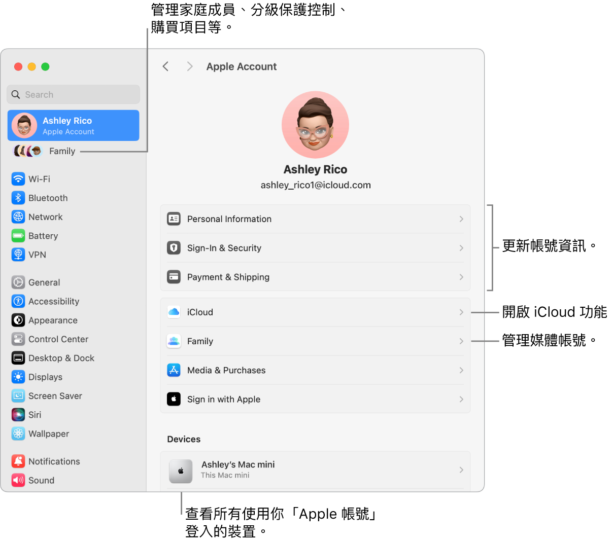 「系統設定」中的「Apple 帳號」設定包含更新帳號資訊、開啟或關閉 iCloud 功能、管理媒體帳號以及可管理家庭成員、分級保護控制、購買項目和更多內容的「家人共享」的說明框。